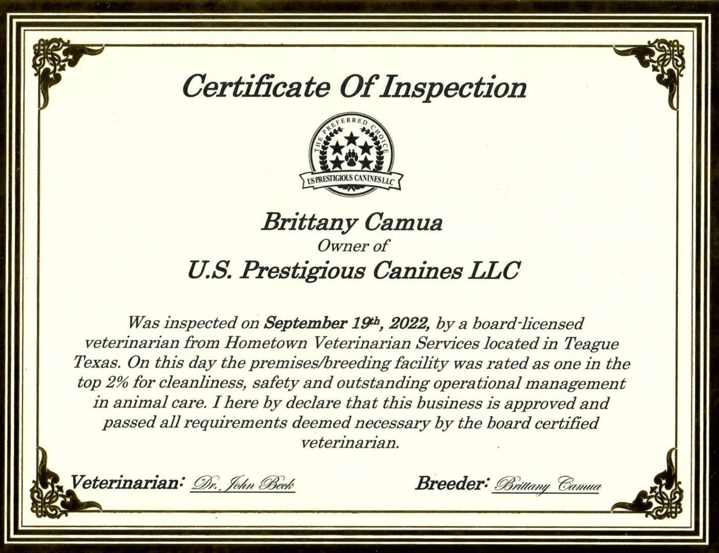 A certificate of inspection for a dog.